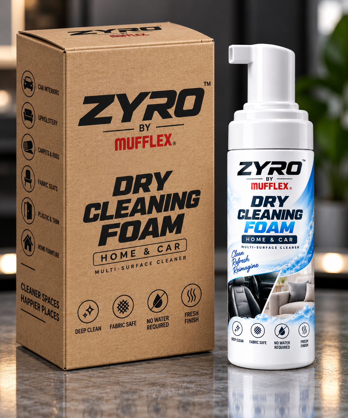 ZYRO Dry Cleaning Foam Cleaner & Protector  – ONE FOAM. MULTIPLE SURFACES.