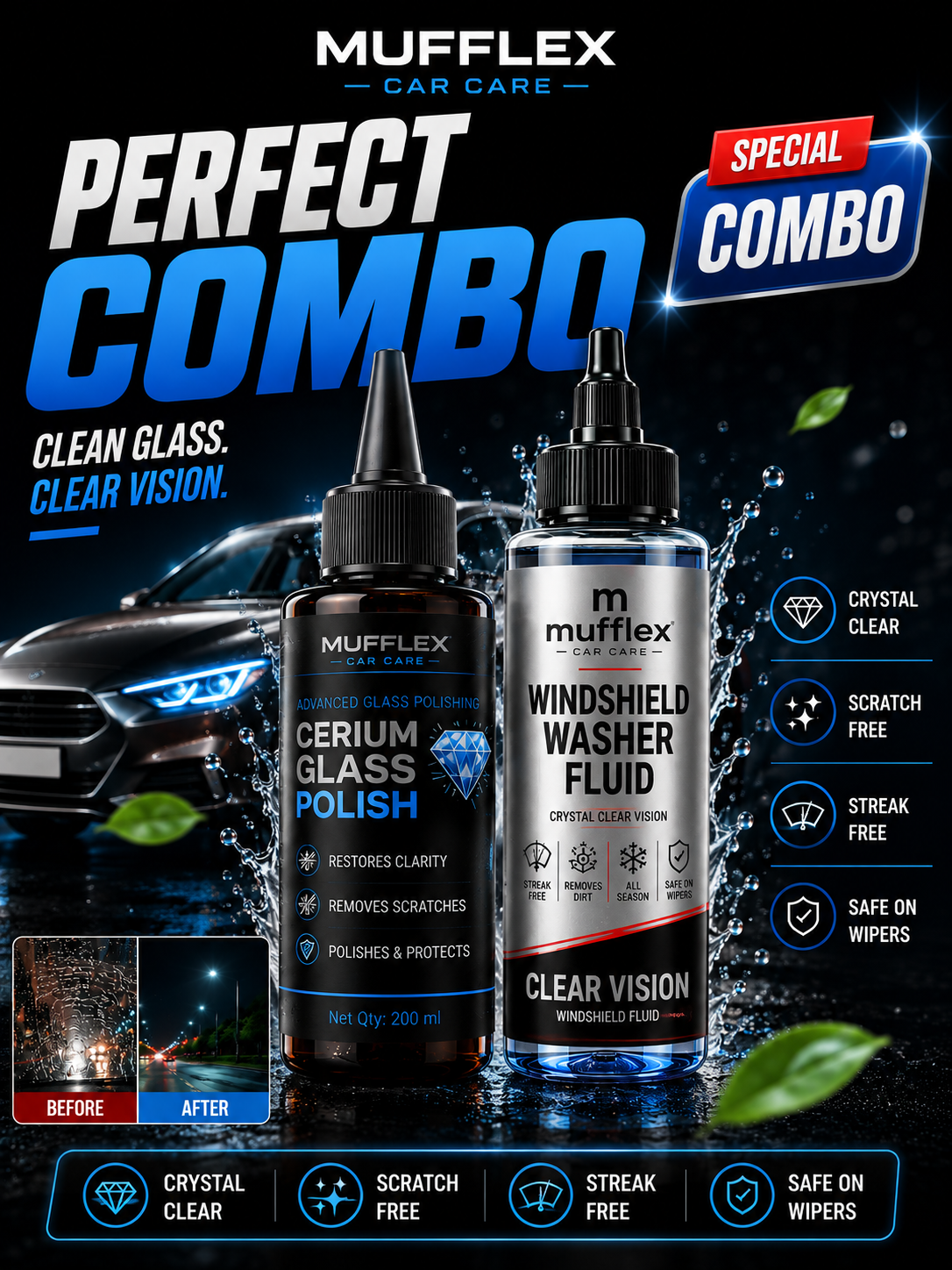 Cerium Glass Polish + Windshield Washer | Perfect Combo