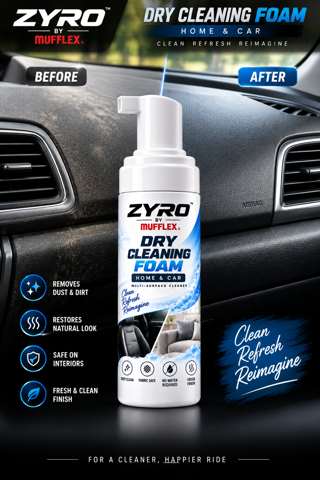 ZYRO Dry Cleaning Foam Cleaner & Protector  – ONE FOAM. MULTIPLE SURFACES.